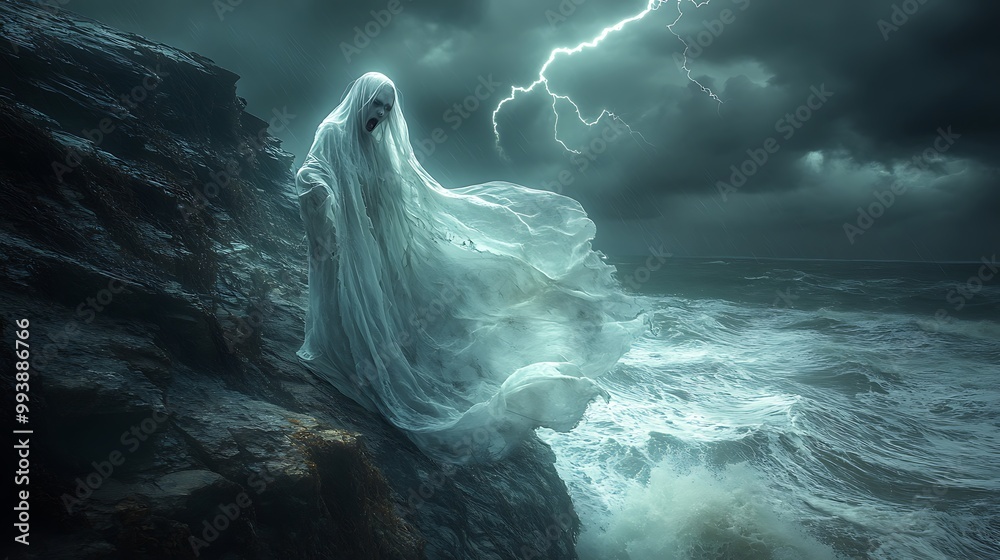 A ghostly banshee wails on a cliff, her ethereal form flickering in the lightning that illuminates the stormy night. The waves crash below as the wind carries her haunting scream. Cinematic horror, A ghostly banshee wails on a cliff, her ethereal form flickering in the lightning that illuminates the stormy night. The waves crash below as the wind carries her haunting scream. Cinematic horror,