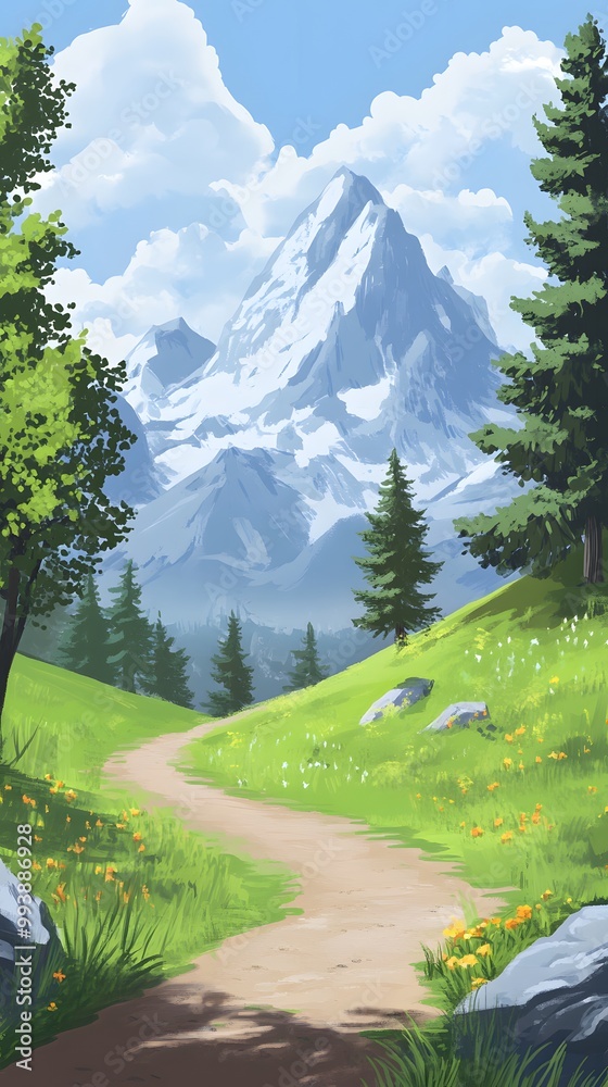 A cartoon-style landscape of the Alps, with mountains, trees, and grassy meadows A cartoon-style landscape of the Alps, with mountains, trees, and grassy meadows