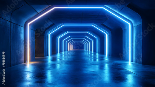 Neon Blue Lights Tunnel 3D Illustration