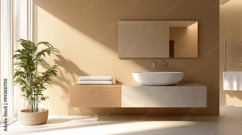 Minimalist bathroom with single wall-mounted mirror, clean vanity, and one decorative item in a sleek modern style Minimalist bathroom with single wall-mounted mirror, clean vanity, and one decorative item in a sleek modern style