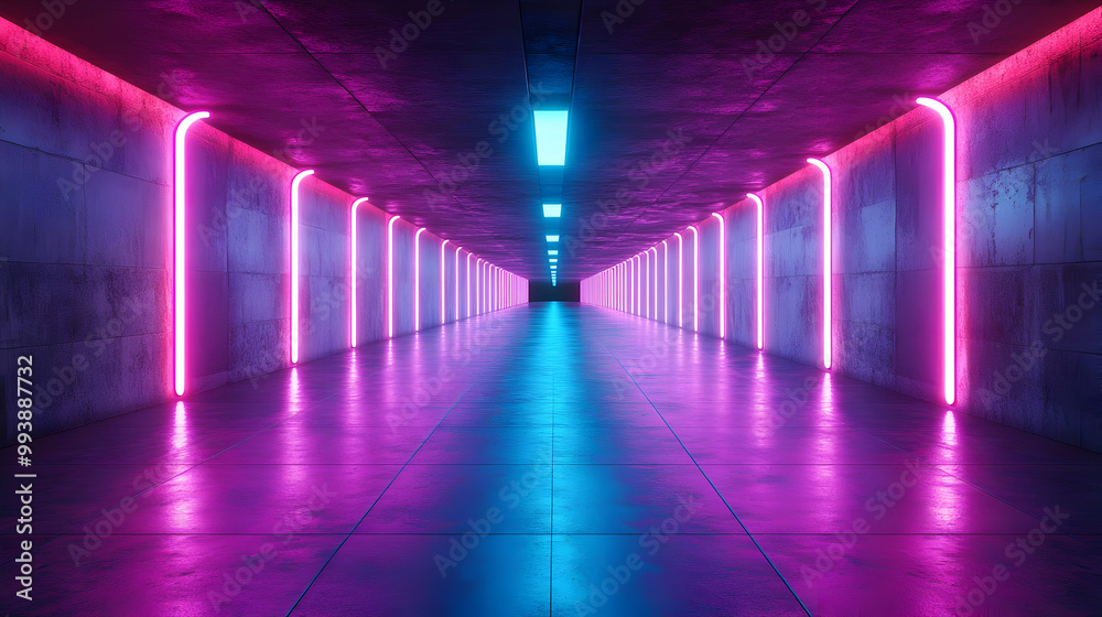 Neon Lights in a Dark Corridor 3D Render Neon Lights in a Dark Corridor 3D Render