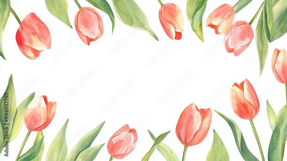 Blooming Tulips Framed by Lush Green Foliage, white background Blooming Tulips Framed by Lush Green Foliage, white background