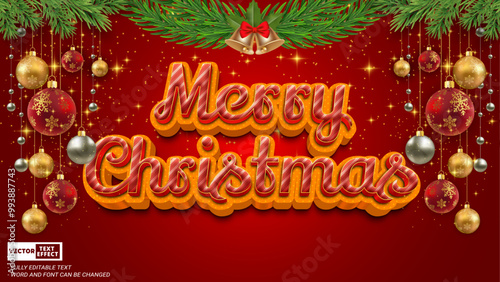 Merry christmas celebration customizable 3d text effect vector template with christmas balls and jingle bells on red background
