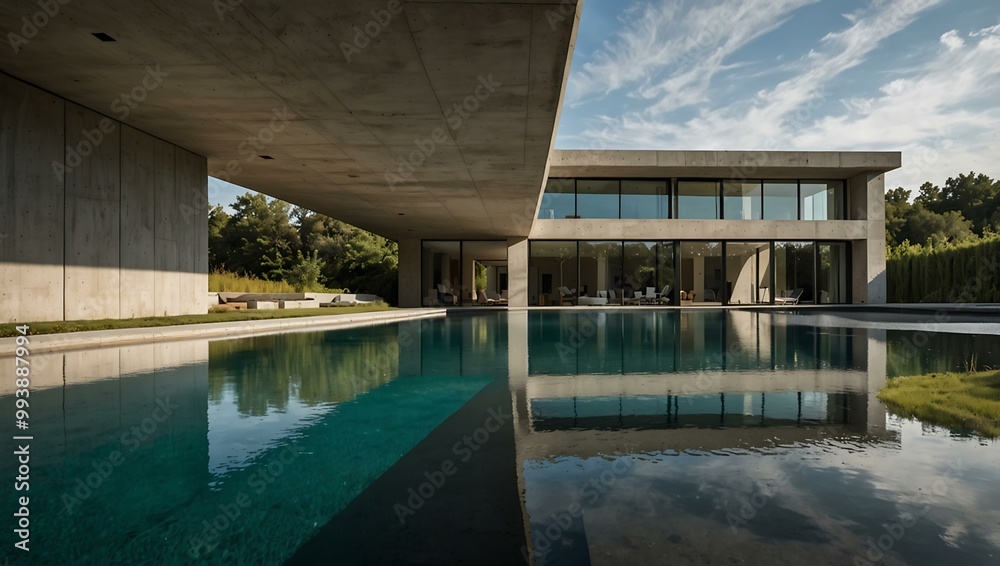 Modern concrete house with a pool and large windows. Modern concrete house with a pool and large windows.