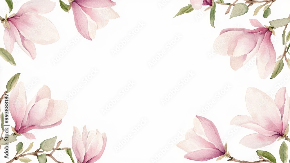 Fototapeta premium Floral Rectangular Frame with Magnolia Blossoms, white background