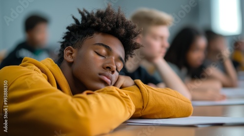 Teenager students sitting in class room and listening, but one boy sleeping on desk.