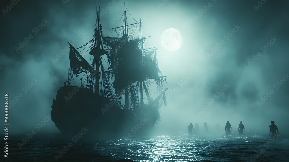 A haunted pirate ship with torn sails drifts through misty waters, ghostly crew members barely visible as the moonlight casts long shadows on the eerie scene. A haunted pirate ship with torn sails drifts through misty waters, ghostly crew members barely visible as the moonlight casts long shadows on the eerie scene.