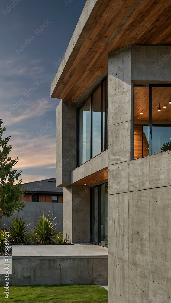 Modern luxury home with concrete and wood features. Modern luxury home with concrete and wood features.