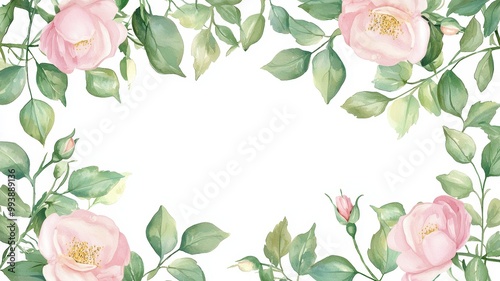 Watercolor Frame of Wild Roses and Green Ivy, white background