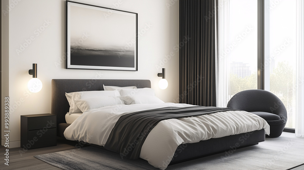 Minimalist bedroom with muted tones and a statement piece of wall art, framed in sleek black, adding contrast and visual interest to the room Minimalist bedroom with muted tones and a statement piece of wall art, framed in sleek black, adding contrast and visual interest to the room