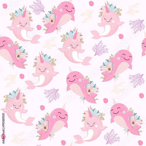 Cute narwhal in boho style on a white background seamless pattern. Vector illustration for children funny whale. Underwater inhabitants