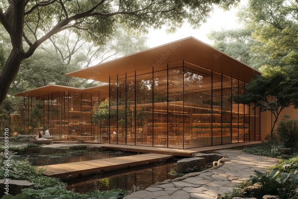 Modern Glass and Wood Pavilion in a Tranquil Zen Garden Modern Glass and Wood Pavilion in a Tranquil Zen Garden