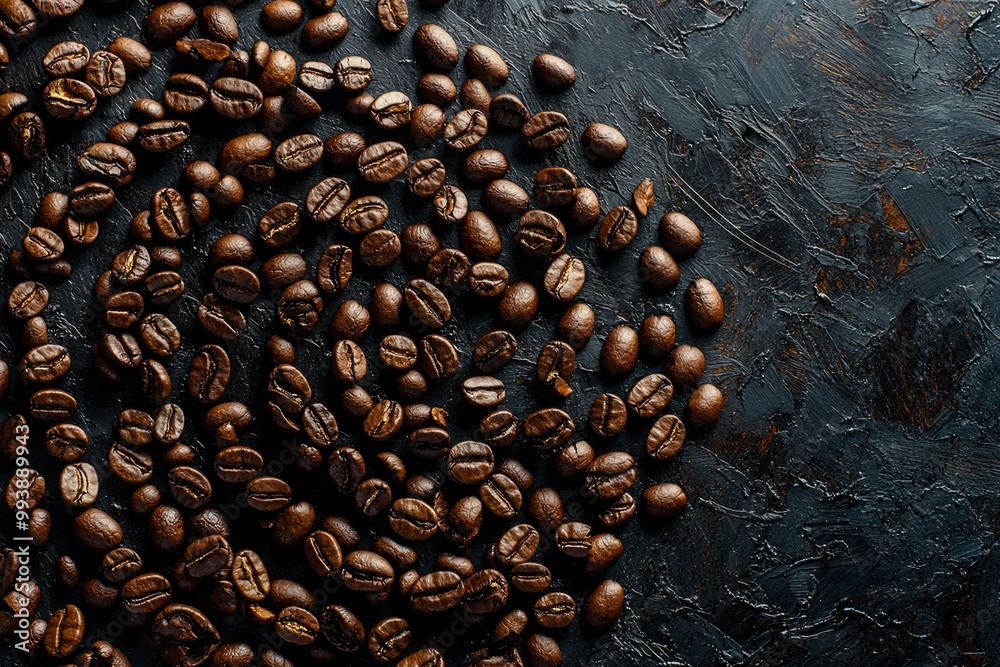 Roasted Coffee Beans Scattered on a Dark Textured Surface Roasted Coffee Beans Scattered on a Dark Textured Surface