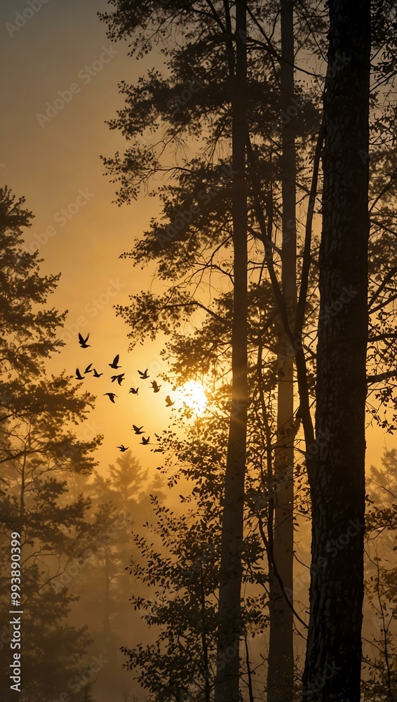 Morning birds flying at sunrise in a forest. Morning birds flying at sunrise in a forest.