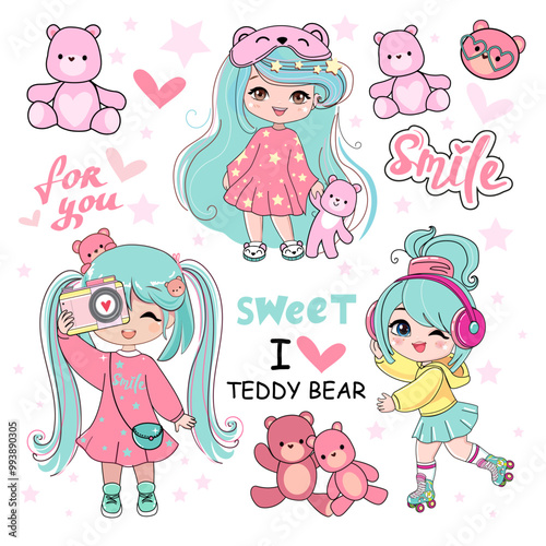 Wallpaper Mural Cute set with cartoon little girl with blue hair and pink teddy bear toys in anime style. Kawaii style. Vector illustration t-shirt print. Chibi manga little girl Torontodigital.ca