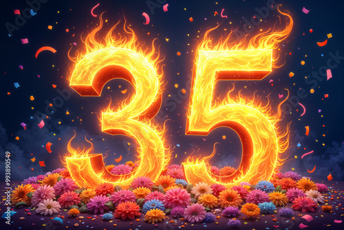 35th birthday card. Large, glowing number 35 with flames surrounding it, set against a dark background adorned with colorful confetti and flowers.