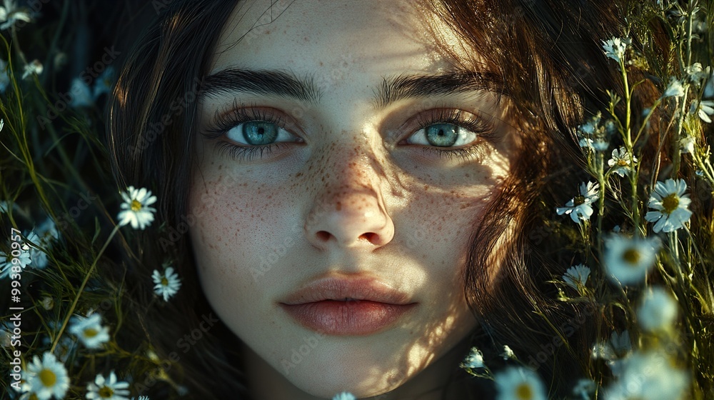 Close Up Portrait of a Woman with Freckles and Green Eyes Surrounded by Daisies Close Up Portrait of a Woman with Freckles and Green Eyes Surrounded by Daisies