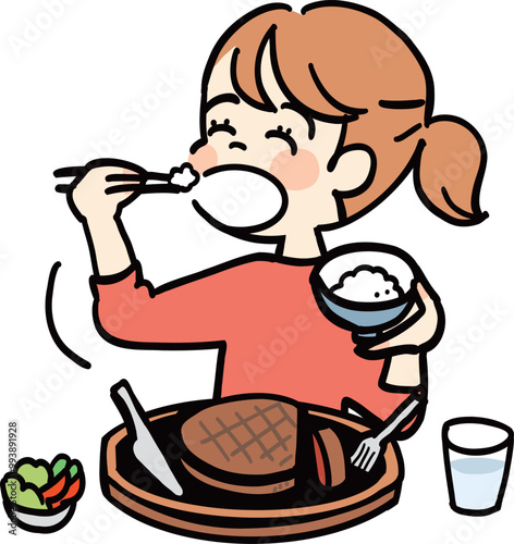 ご飯と肉を食べる女性