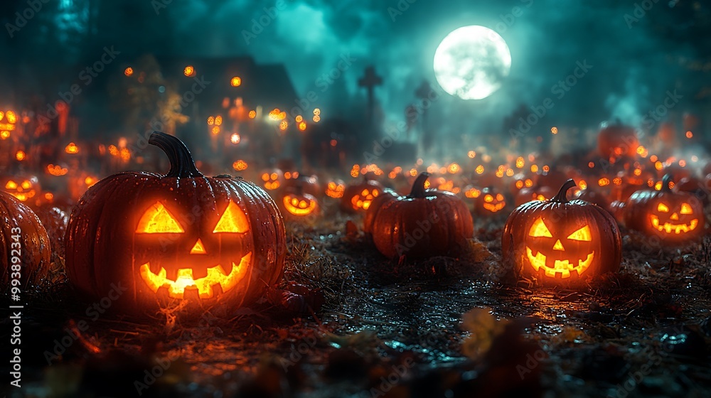 Fototapeta premium A pumpkin patch lit by a full moon, glowing jack-o'-lanterns casting creepy shadows across the field. The scene is eerie, with mist creeping through the pumpkins,