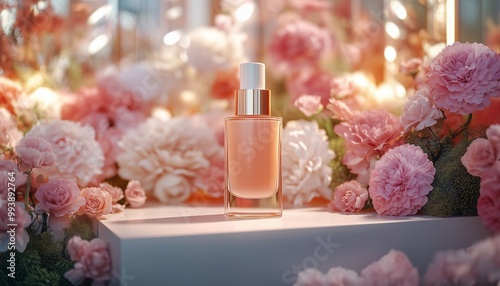 Elegant beauty product surrounded by soft pink flowers, creating a serene and luxurious atmosphere for skincare enthusiasts.