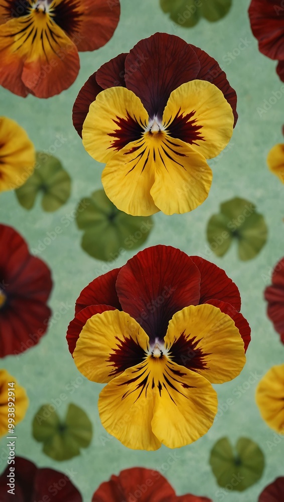 Natural petals of yellow and red pansy flowers on a light green background. Natural petals of yellow and red pansy flowers on a light green background.