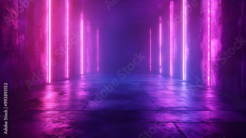 Purple Neon Lights Glowing in a Dark Room - 3D Background