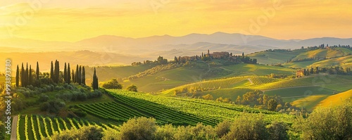 Tuscany Rolling Hills and Vineyards The classic Tuscan countryside with rolling green hills, cypress-lined roads