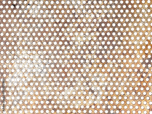 rusty perforated steel sheet textured, row of round holes on metallic plate photo