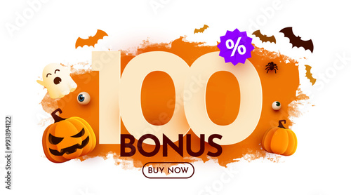 100 percent bonus. Halloween sale banner template. Podium and numbers with amount of discount. Special October offer.