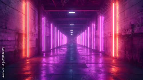 Neon Lights in a Glowing Corridor 3D Illustration