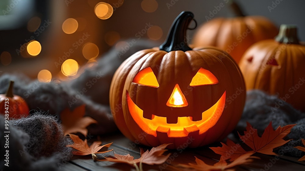 Fototapeta premium cozy picture happy halloween pumpking orange and black 