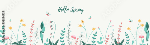 Flat vector illustration of Spring background. Banner, greeting card, poster, invitation template, flyer. Great for any designs, textile, art, walls, package, web