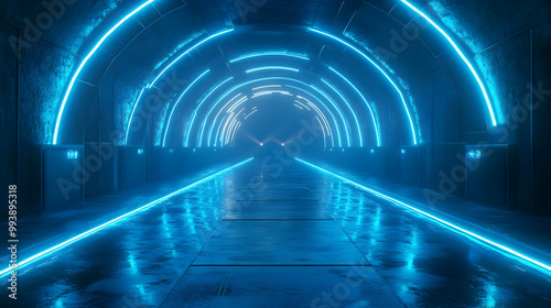 Neon Blue Lights in a Tunnel 3D Illustration