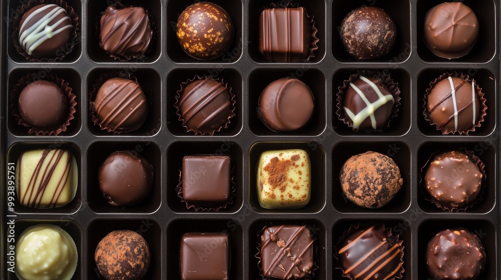 A variety of gourmet chocolates arranged neatly in a gift box, featuring different textures and designs, from truffles to pralines, ready to be enjoyed. A variety of gourmet chocolates arranged neatly in a gift box, featuring different textures and designs, from truffles to pralines, ready to be enjoyed.
