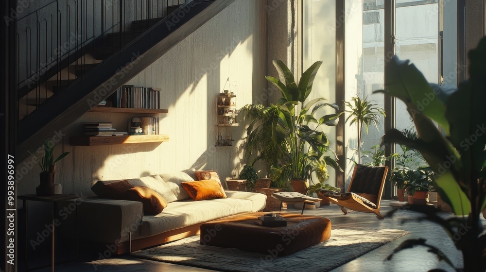 Fototapeta premium Loft, nomadic interior design of modern living room, home