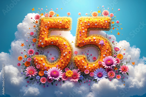 55th birthday card. Large, stylized number 55 with a floral and cloud-like background, set against a blue sky.