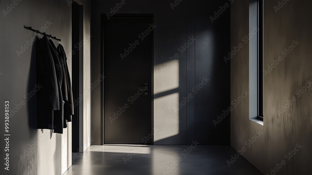 Minimalist hallway with a matte black front door, a single coat rack, and concrete floors. Subtle shadows and bright daylight