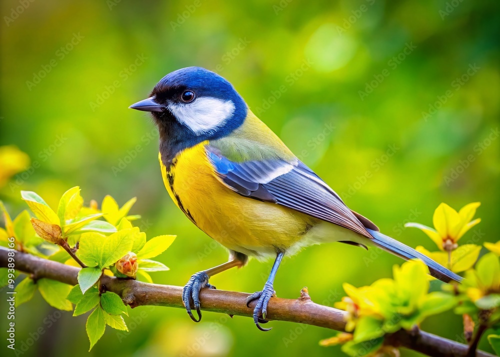 Charming Titmouse Bird Perched on a Branch Against a Soft Green Nature Background in Springtime Charming Titmouse Bird Perched on a Branch Against a Soft Green Nature Background in Springtime