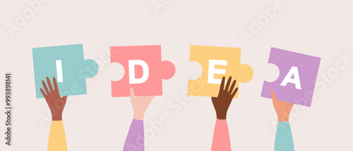 Hands of people of different nationalities holding up colorful puzzle pieces with word idea on them. Flat vector illustration