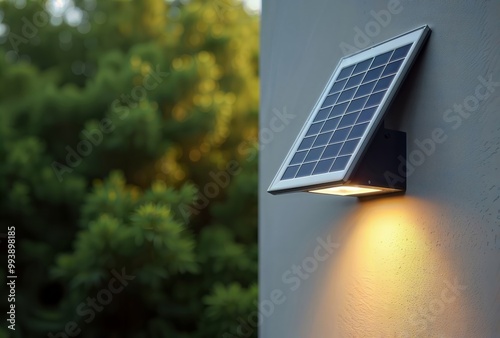 Sustainable Energy Illumination. A solar panel light fixture on a wall. photo