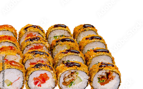 Tempura maki sushi rolls presenting various ingredients on white background