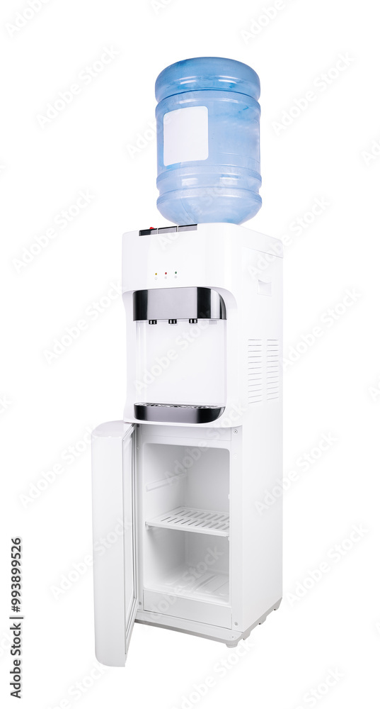 White water cooler with an empty fridge compartment standing on white background White water cooler with an empty fridge compartment standing on white background