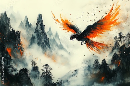 Full body portrait digital brush painting of a fire golden phoenix bird raptor flying photo