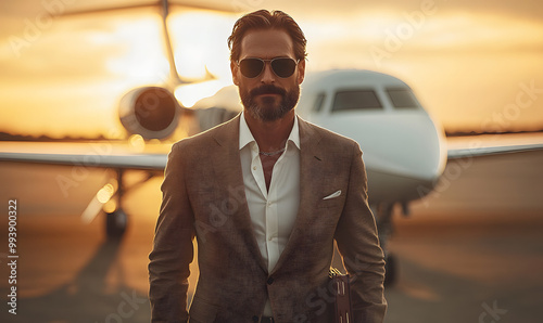 Photo of an Elegant Man in a Suit and Sunglasses Walking Confidently 