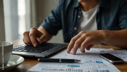 Person managing finances at a desk with a laptop and documents.