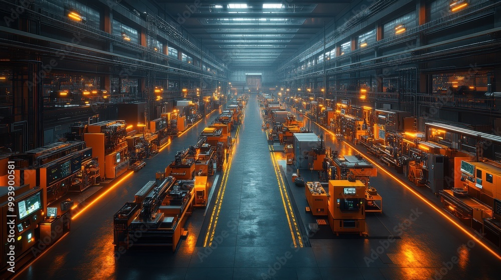 Futuristic Factory Interior with Automated Machinery Futuristic Factory Interior with Automated Machinery