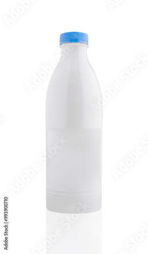 White plastic bottle with blue cap standing on white background