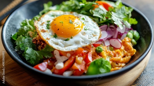 A vibrant plate of garnished with fresh herbs, colorful vegetables, and a sunny-side-up egg on top, showcasing the dish's appealing presentation.