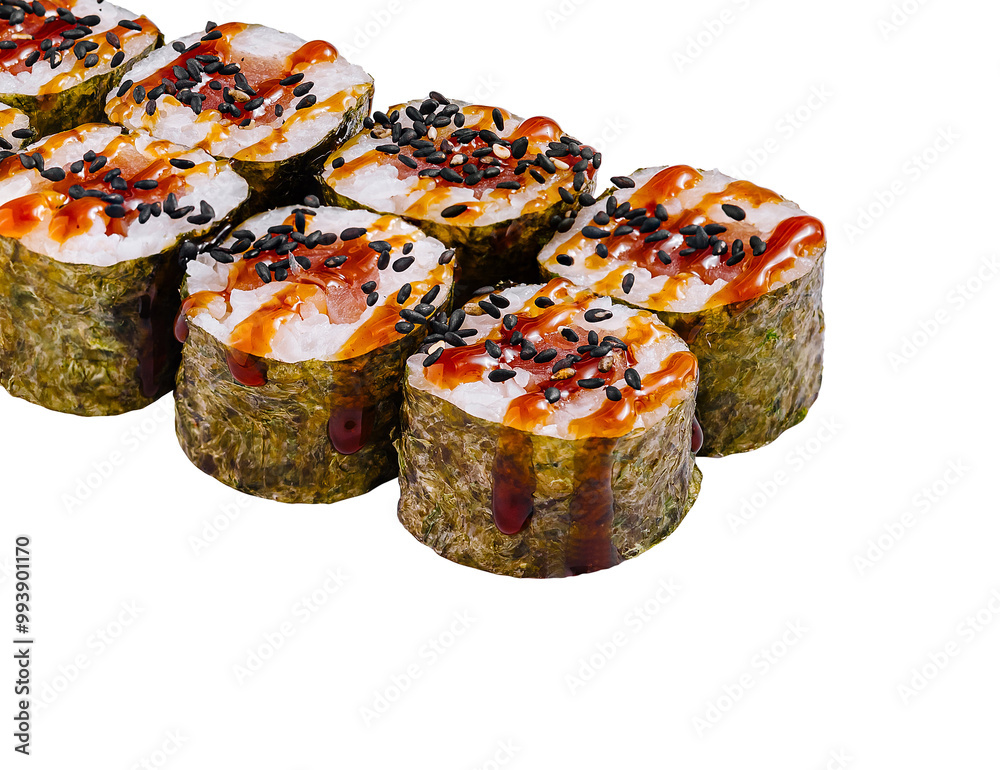 Sushi rolls set covered with black sesame seeds and sauce isolated on white background Sushi rolls set covered with black sesame seeds and sauce isolated on white background