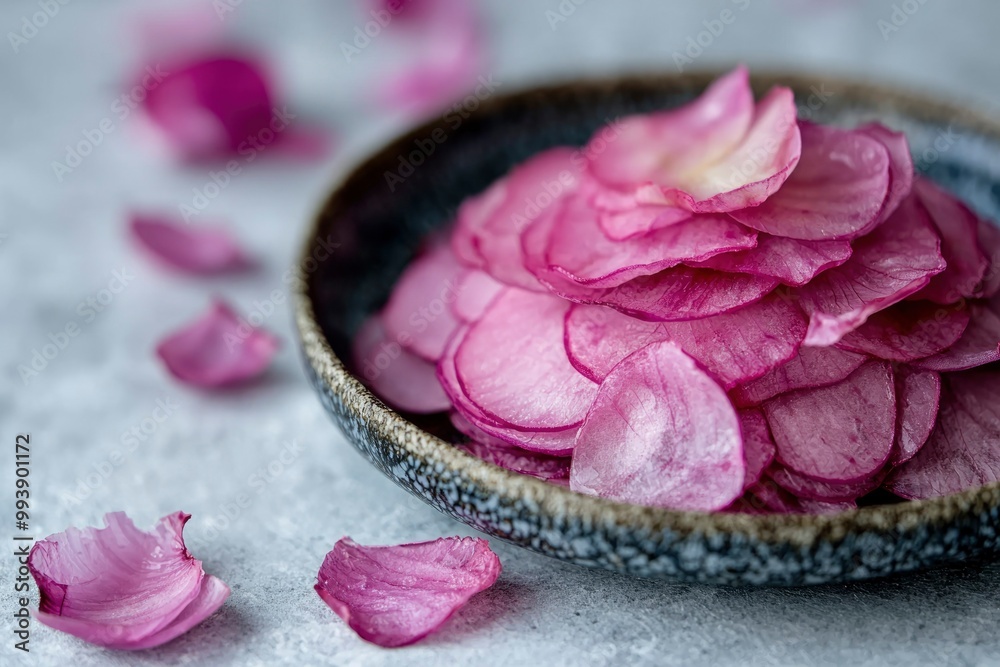 Stack of Thinly Sliced Purple Radishes in a Bowl Stack of Thinly Sliced Purple Radishes in a Bowl